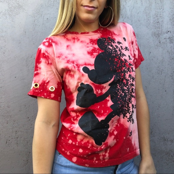 Red Mickey Mouse bleach Tee w gold eyelet sleeve - Picture 3 of 7